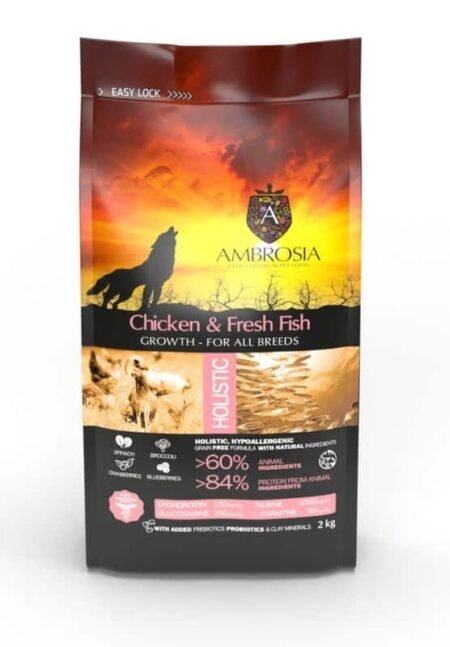 Ambrosia grain-free Chicken & Fresh Fish Puppy begrūdis vištienos ir šviežios žuvies sausas maistas šuniukams 2kg