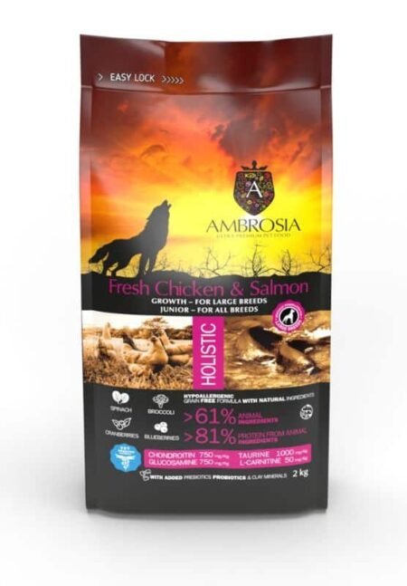 Ambrosia Grain-Free Junior Large breed Fresh Chicken & Salmon – begrūdis sausas maistas jauniems, didelių veislių šunims