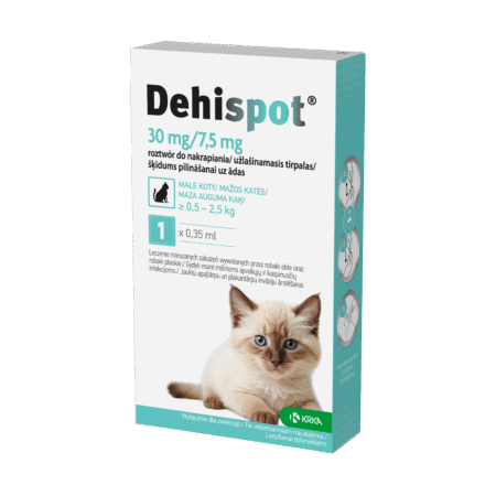 DEHISPOT užlašinamas tirpalas nuo kirminų, 30mg/7,5mg, katėms muo 0,5kg iki 2,5kg