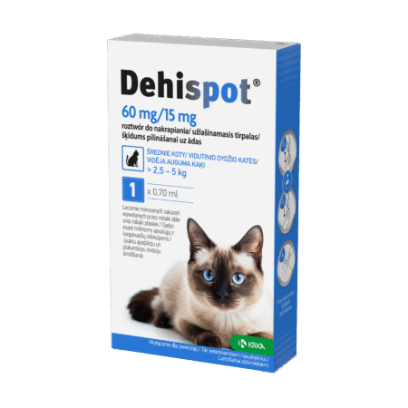 DEHISPOT užlašinamas tirpalas nuo kirminų, 60mg/15mg, katėms muo 2,5kg iki 5kg