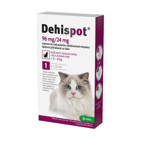 DEHISPOT užlašinamas tirpalas nuo kirminų, 96mg/24mg, katėms muo 5kg iki 8kg